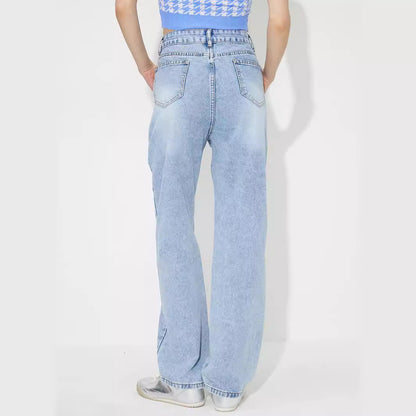 Pantalon en denim taille haute ample brodé droit pour femme