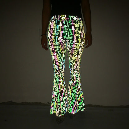 Colorful Reflective Bell-bottom Pants Women's High Waist Wide Leg Trousers