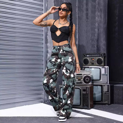 Retro Camouflage Workwear Jeans Women Summer Fried Street Sweet Cool Loose Straight Drooping Wide Leg Casual Pants