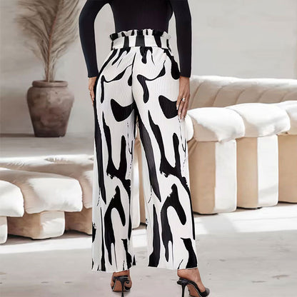 Summer Elegant Pleated Printed Waist Wide Leg Pants with Belt Office Contrast Color Casual Pants Women Trousers