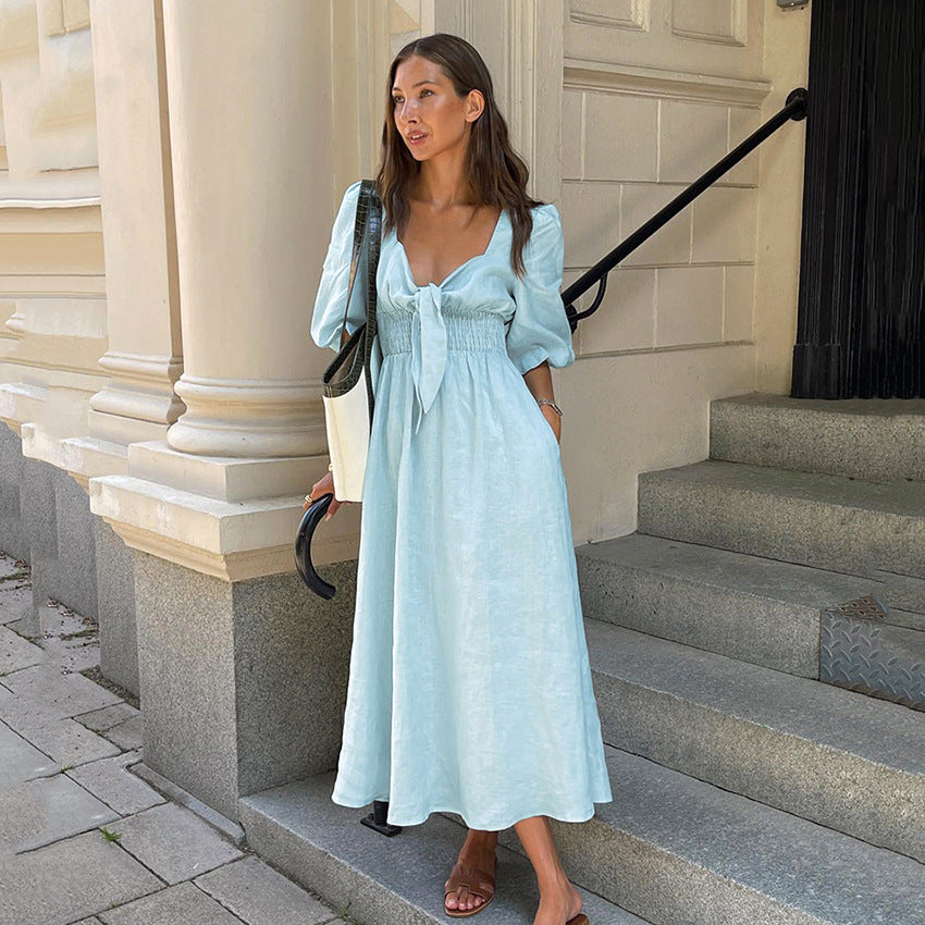 Robe française d'été élégante, Sexy, coupe basse, col en V, manches bouffantes, taille haute, en coton et en lin