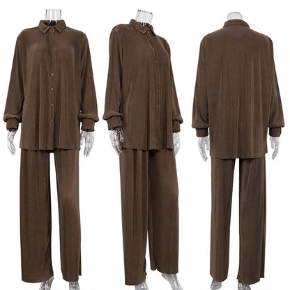 Spring Pleated Casual Shirt Outfit Long-Sleeved Trousers High Waist Loose Drooping Women