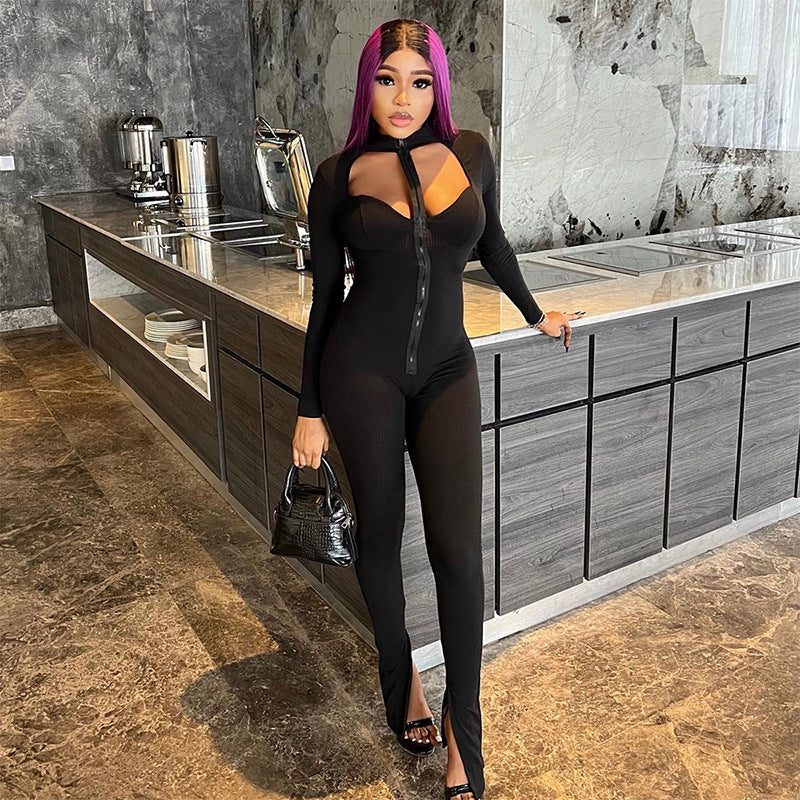 Women Clothing Autumn Winter Sexy Hollow Out Cutout Tight Long Sleeve Zipper Long Conjoined Trousers