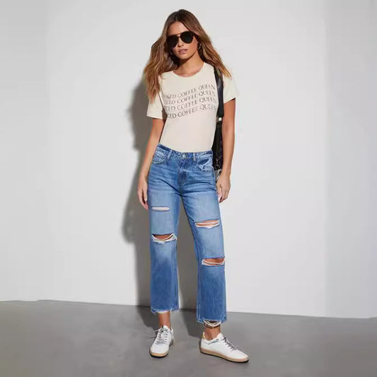 Sommerliche Schlankheits-Jeans aus Baumwolle mit hoher Taille und geradem Bein