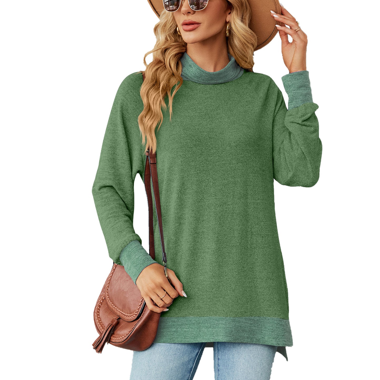 Autumn Winter Contrast Color Scarf Loose Long Sleeve Split T shirt Top Women