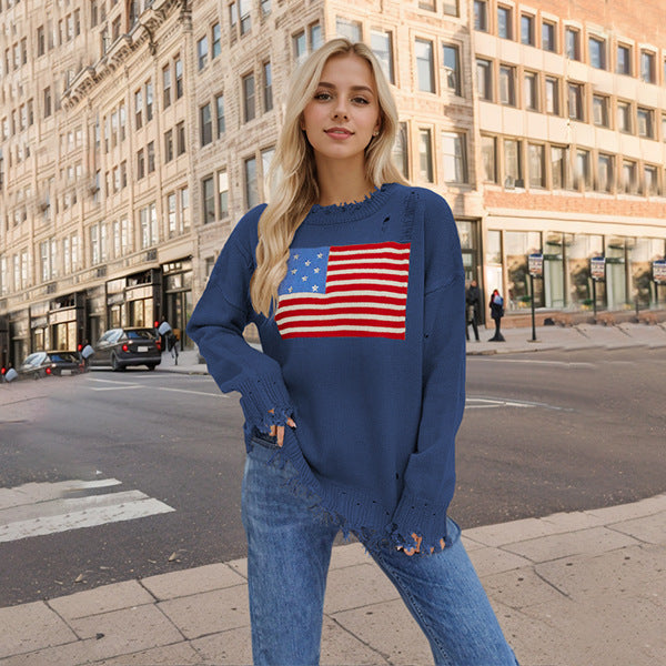 Autumn Winter Round Neck Flag Easter Independence Day Sweater Women