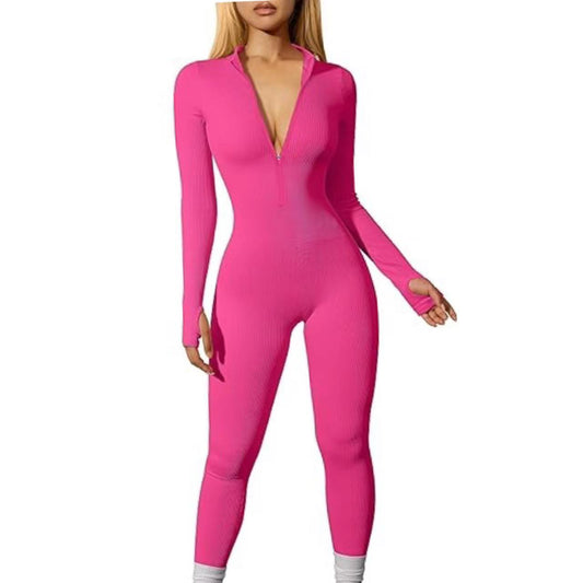 Women Sports Jumpsuit Workout Ribbed Long Sleeve Zipper Casual Jumpsuit Trousers Tight