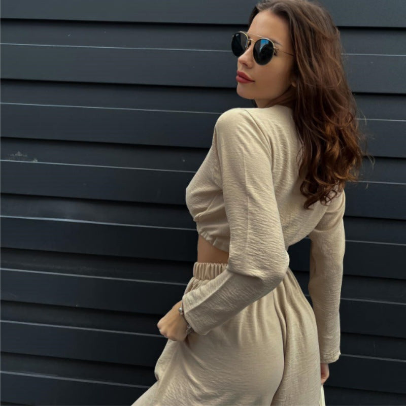 Women Clothing Solid Color Tied Short Long Sleeve Top Wide Leg Pants Two Piece Set