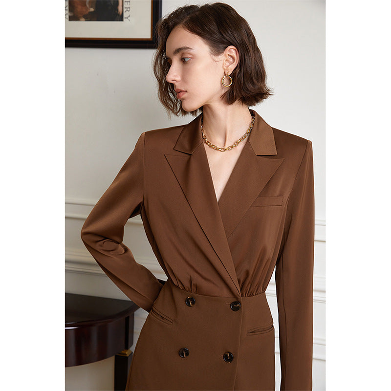 Robe de costume d'affaires pour femmes, col en V, manches longues, col de chemise, robe trapèze