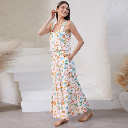 Casual Spaghetti Strap Floral Print Wide Leg Jumpsuit Trousers Summer Women Clothing