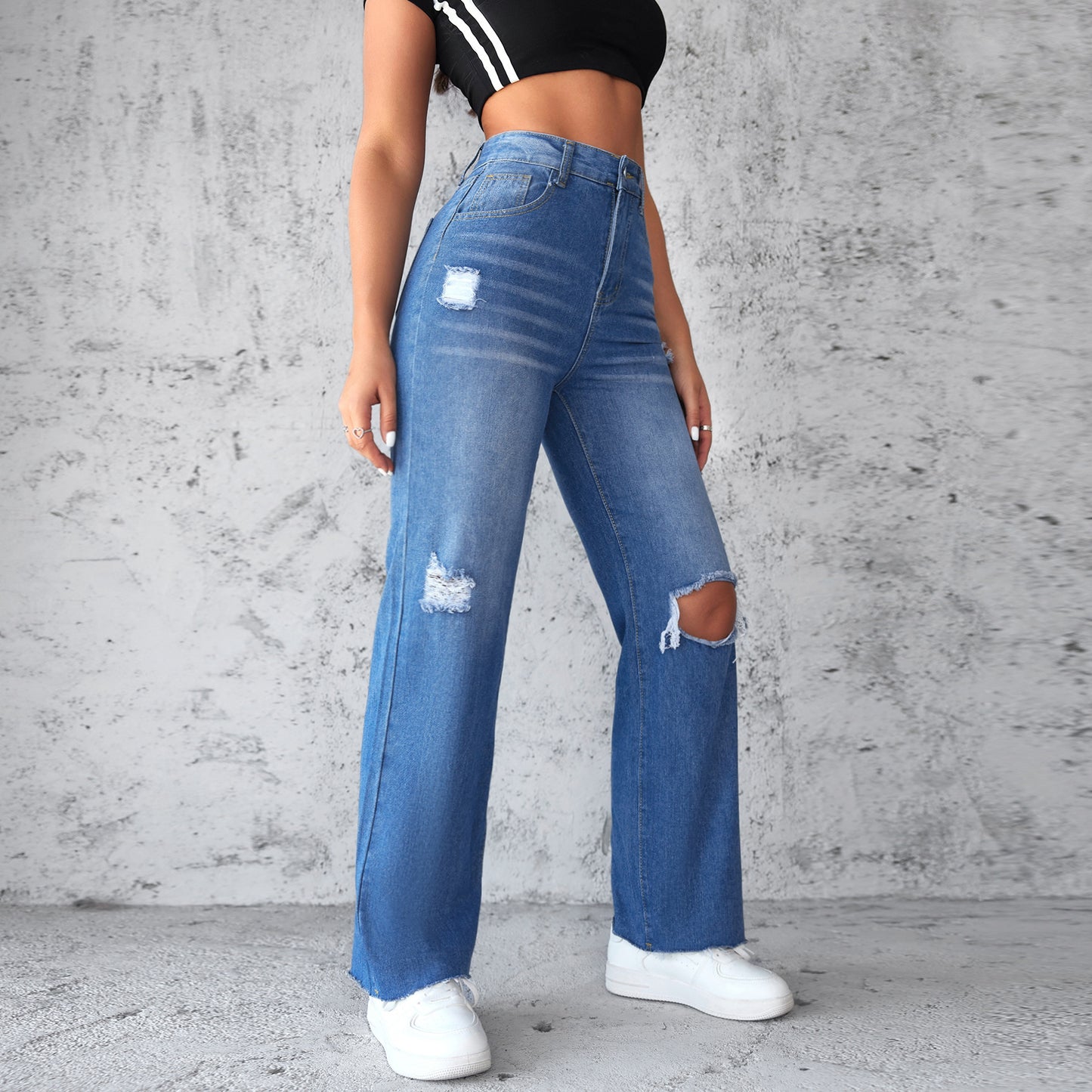 Gerade Jeans Frauen Wasser Gewaschen Loch Nicht Elastische Breite Bein Hose