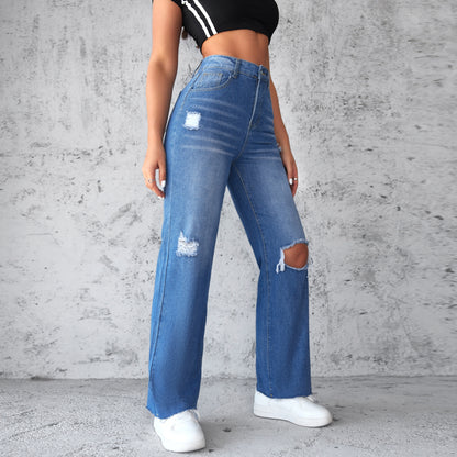 Gerade Jeans Frauen Wasser Gewaschen Loch Nicht Elastische Breite Bein Hose