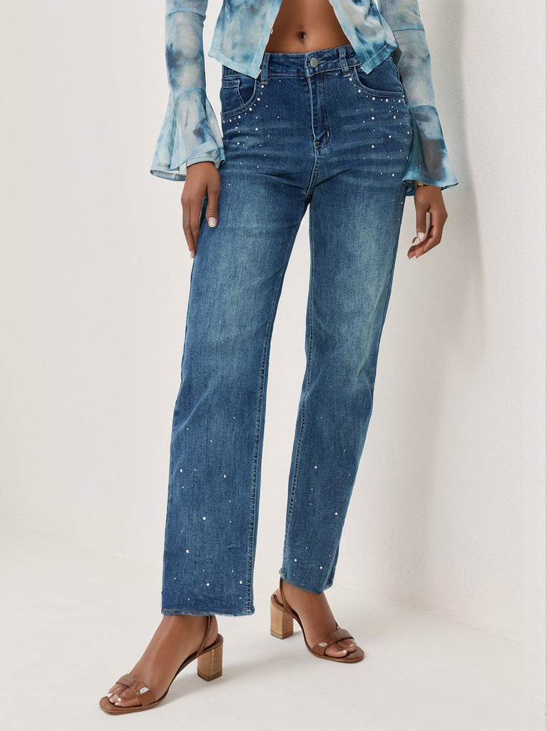 Gerade geschnittene Freizeithose, weicher, bequemer Stoff mit Struktur, schweres Stickmuster, schlankmachende High-Waist-Jeans für Damen