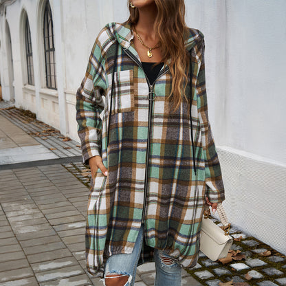 Autumn Winter Women Clothing Casual Loose Contrast Color Hooded Coat