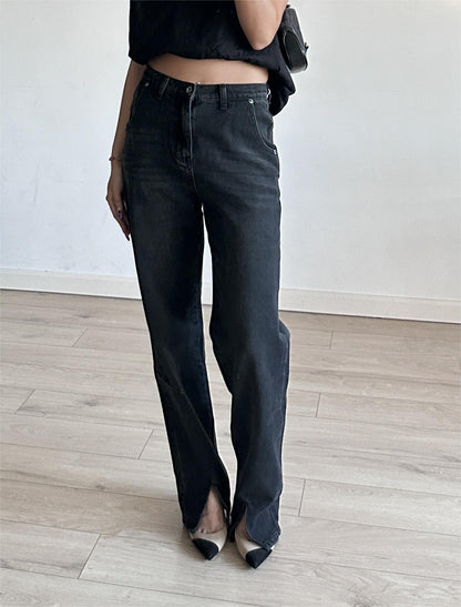 Damen Jeans mit langem Bein, visueller Frontschlitz, hohe Taille, Mop-Hose, Schlankheits-Hose, hängende gerade Hose