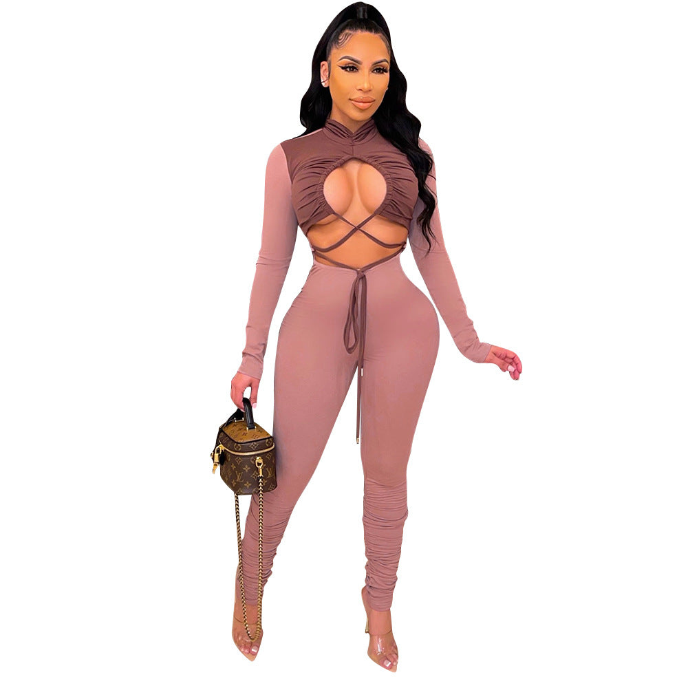 Autumn Winter Sexy Cutout Color Matching Lace up Long Sleeve Jumpsuit Women