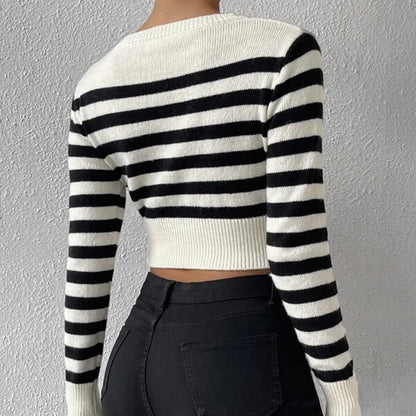 Autumn Winter Women Sweater Striped Short Inner Wear Outer Wear Knitwear Top Women