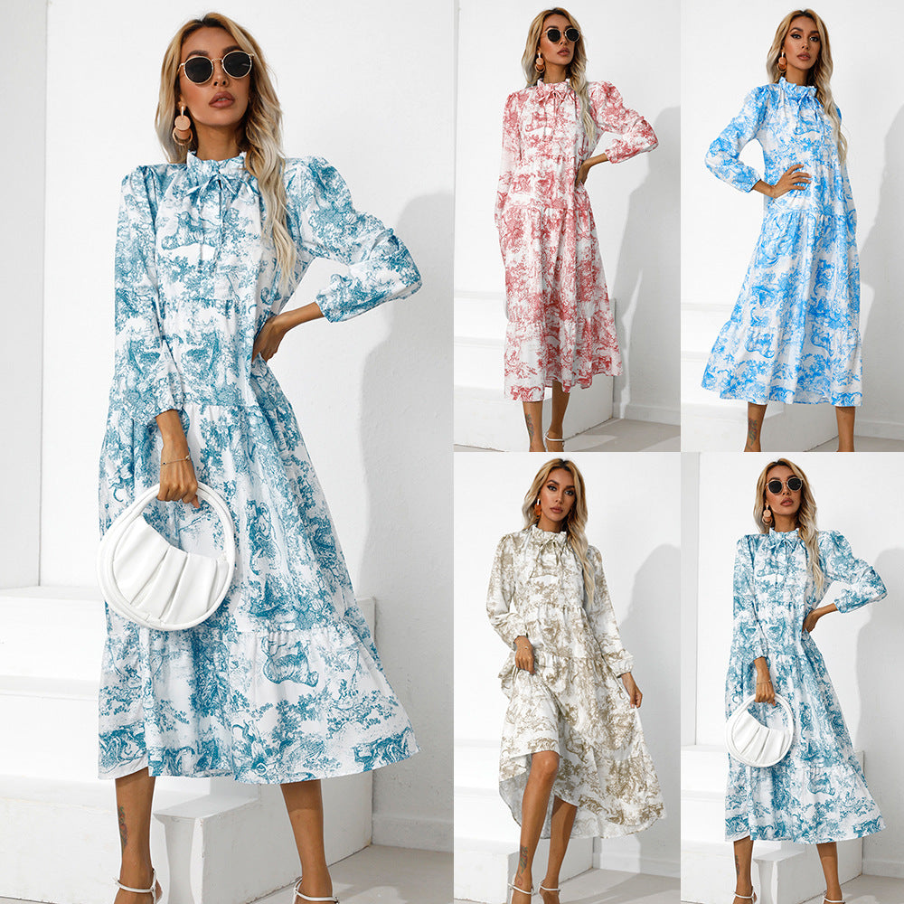 Round Neck Printed Loose Ninth-sleeve Dress