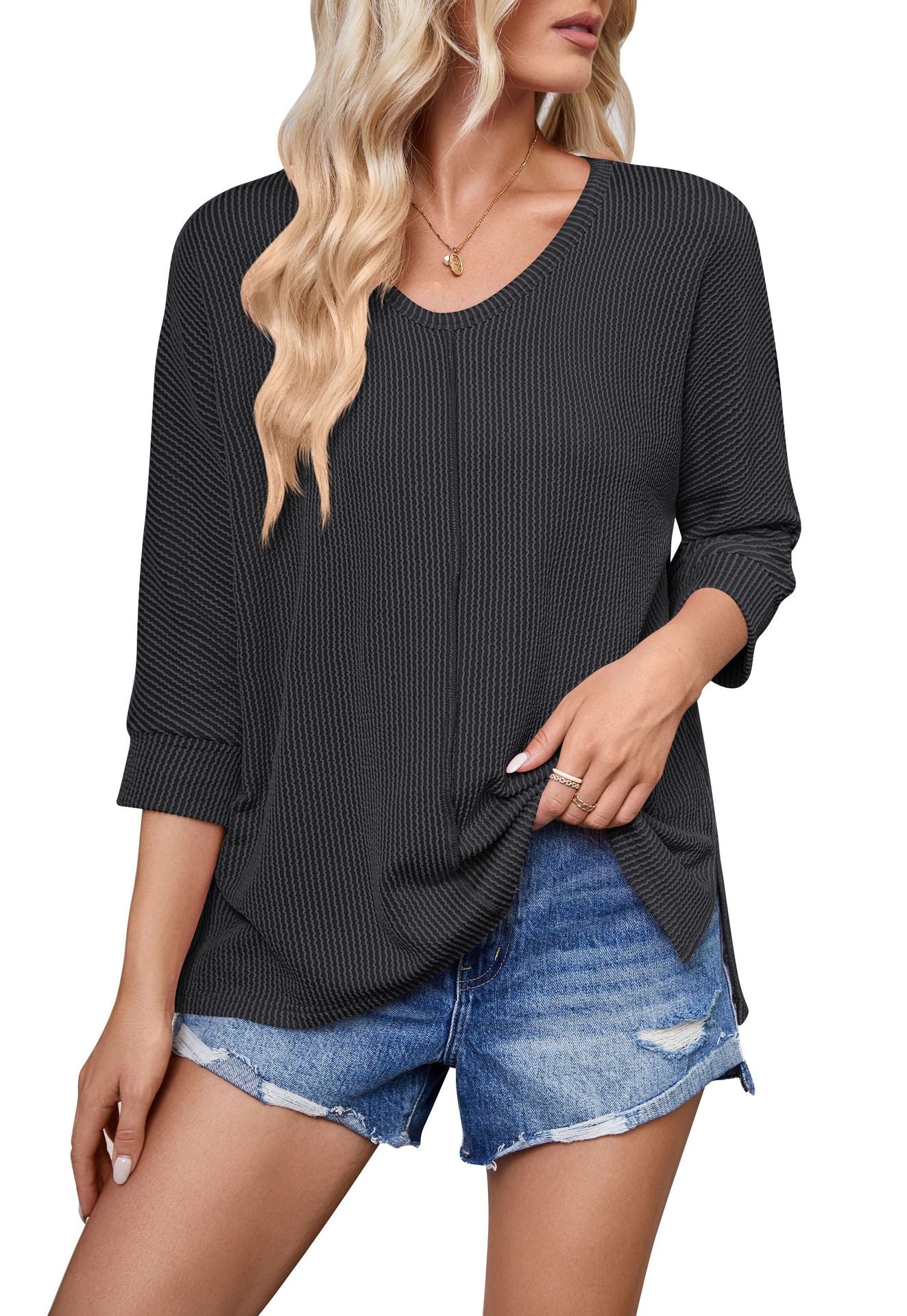 Women's Contrast Color Wave Striped Bat Eight-quarter Sleeve