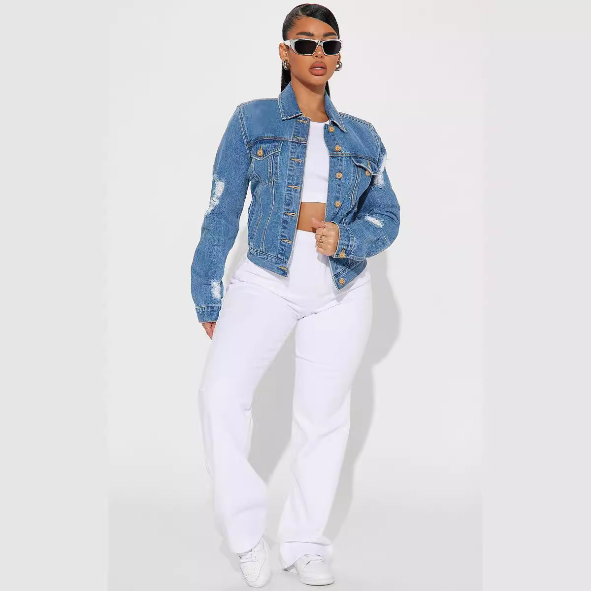 All Matching Sexy Ripped Denim Coat Top Women