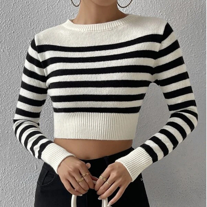 Autumn Winter Women Sweater Striped Short Inner Wear Outer Wear Knitwear Top Women