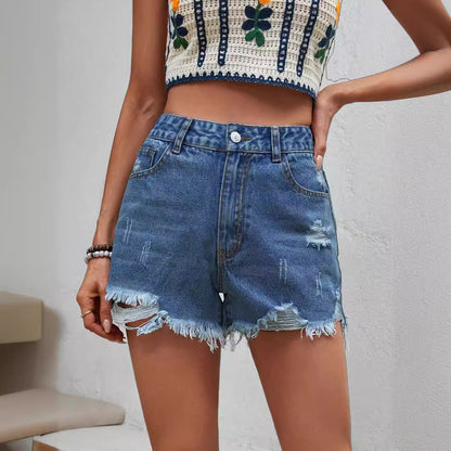 Short en jean déchiré taille haute pour femme, vêtements décontractés, ourlet brut