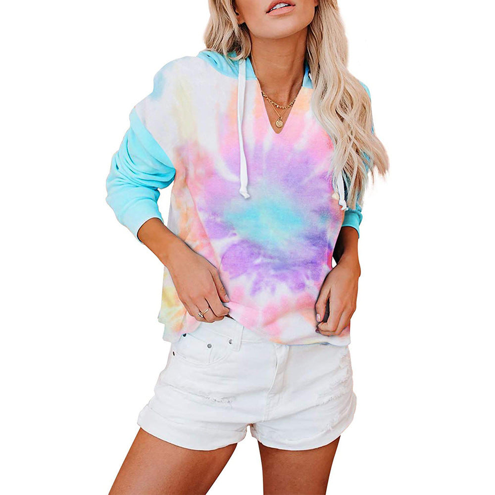 Autumn Winter Women Clothing Tie Dyed Hooded Sweater Loose Gradient Color Long Sleeve Top