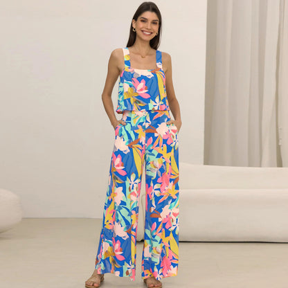 Casual Spaghetti Strap Floral Print Wide Leg Jumpsuit Trousers Summer Women Clothing