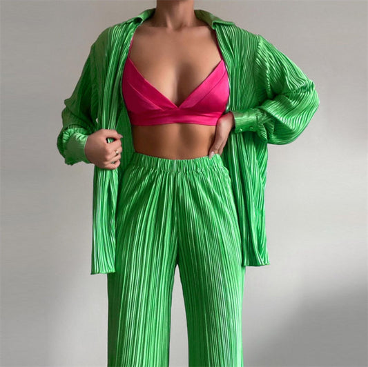 Costume d'été Sexy pour femmes, vêtements plissés, manches longues, col en V, pantalon décontracté, ensemble deux pièces