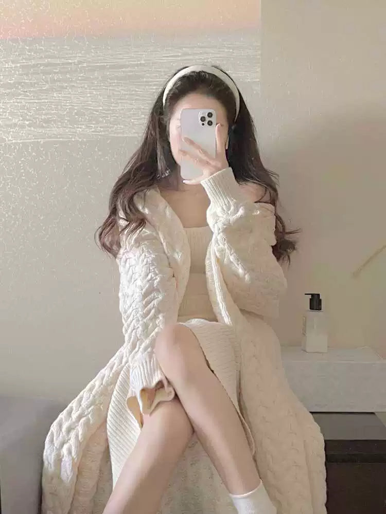 Gentle Milk Glutinous Wind Knitted Suit Dress Female 2023 New Arrival Elegant Mid Length Long Length Cardigan Sweater Skirt Two-piece Set