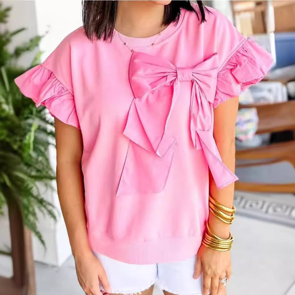 Women's Contrast Color Bow Ruffle Sleeve Top