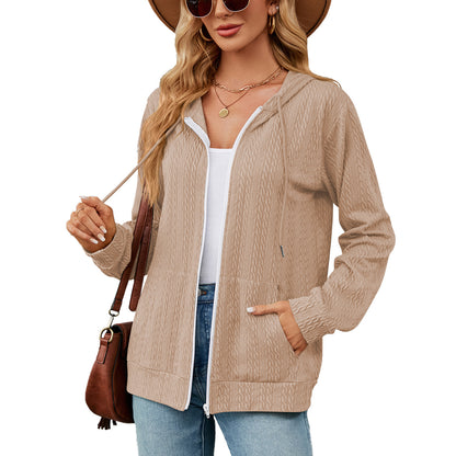 Autumn Winter Loose Long Sleeve Hooded Zip Cardigan Pocket Sweatshirt Women