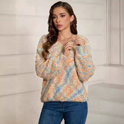 Pull à manches longues et col en V pour femme, vêtement tricoté en Jacquard, motif géométrique abstrait, diamant