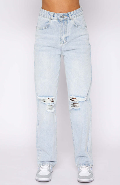 Frühling Sommer Street Hipster Normal gewaschene einfarbige Jeanshose mit geradem Bein