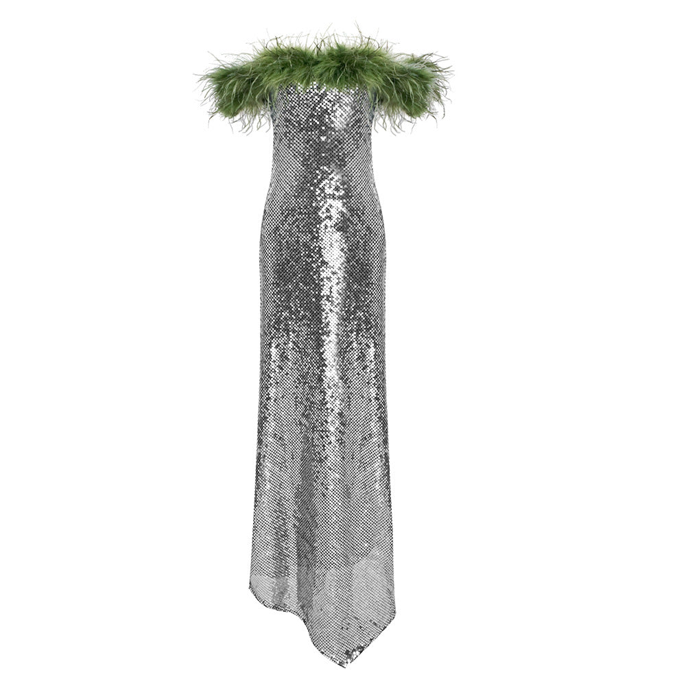 Silver off Shoulder Fur Collar Twill Sequin Dress French Dress Summer Women Green Feather