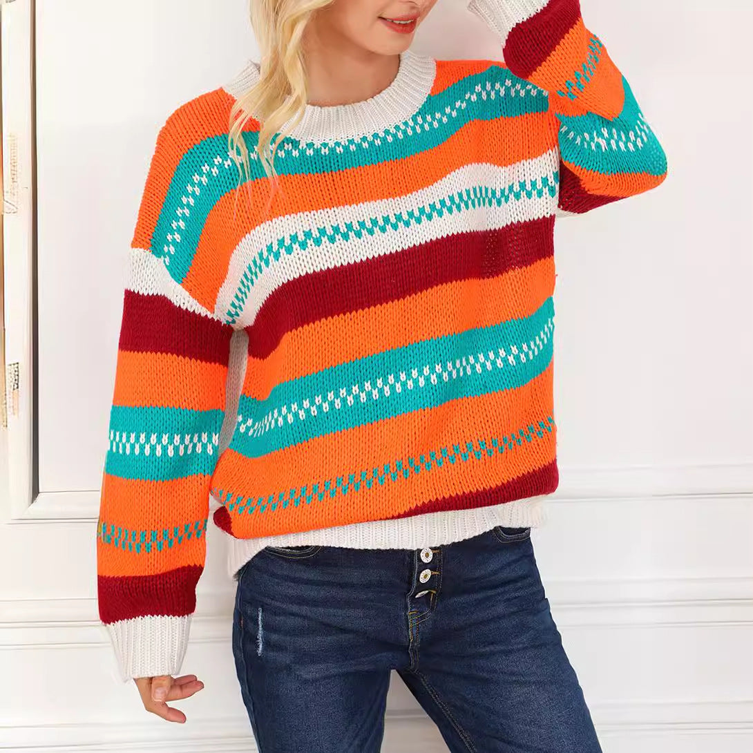 Pull rétro décontracté assorti avec tout, couleur contrastée, rayé, col rond, haut tricoté, automne hiver