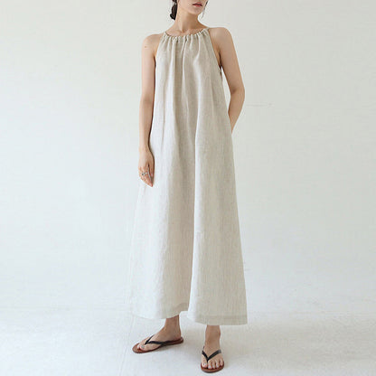 Robe en coton et lin, épaules dénudées, col licou, Niche ample française, mi-longue, robe Camisole en pur lin et coton