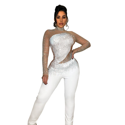 Women Wear Solid Color Mesh Rhinestone Long Sleeved Trousers Jumpsuit