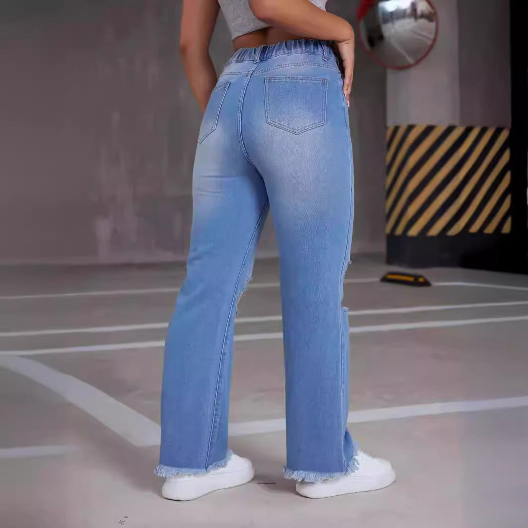 Jeans longs taille haute pour femmes, pantalons déchirés, confortables, jambes droites