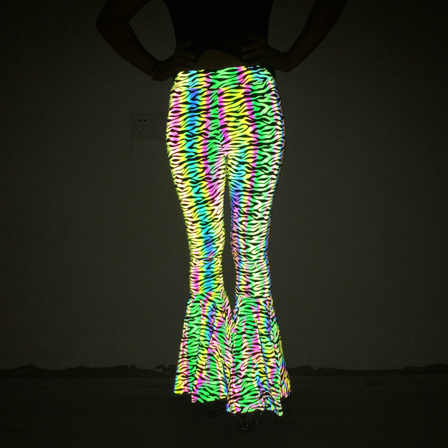 Colorful Reflective Bell-bottom Pants Women's High Waist Wide Leg Trousers