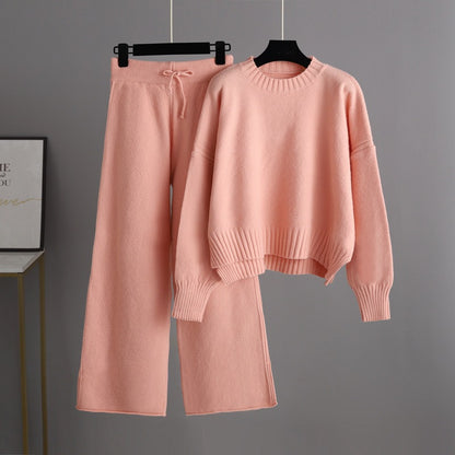 Autumn Winter Casual Knitting Work Pant Women Korean Loose Sweater Wide Leg Pants Pants Two Piece Set