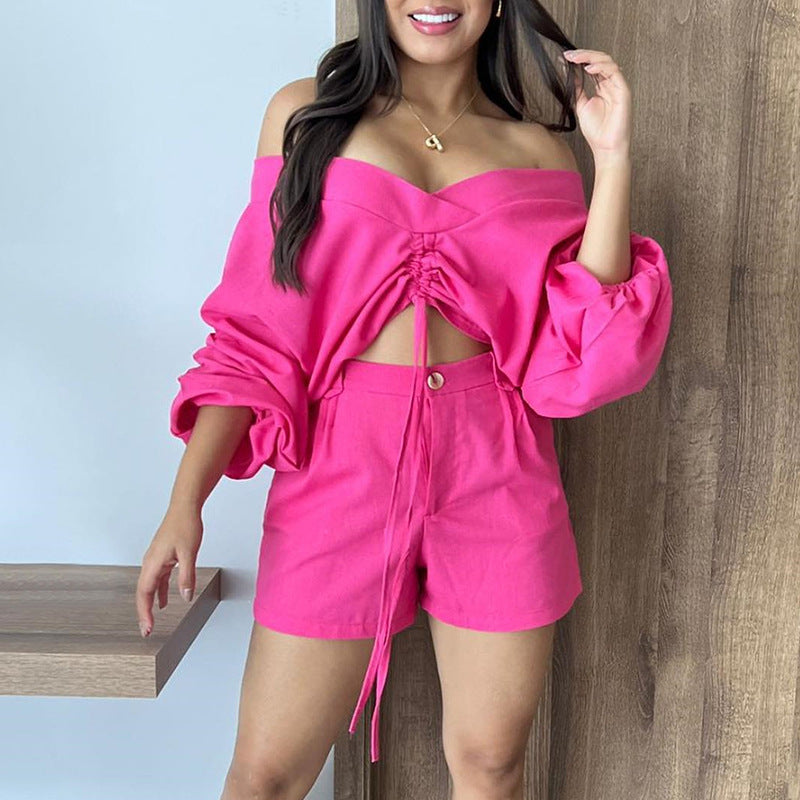 Women's Fashionable Off-shoulder Puff Sleeve Short Top High Waist Shorts Suit