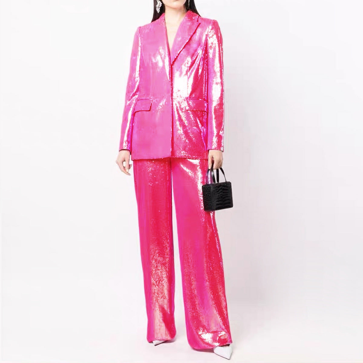 Spring Autumn Sequined Cool Shining Bling Bling Blazer Trousers Suit Two Piece Suit