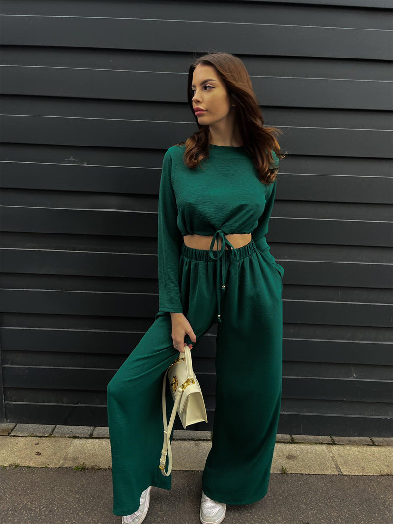 Women Clothing Solid Color Tied Short Long Sleeve Top Wide Leg Pants Two Piece Set