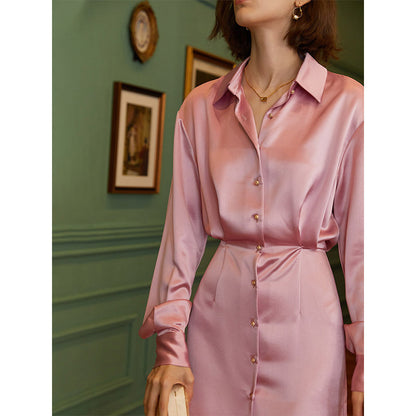 Silk Acetate French Slim Dress Casual Fitted Waist Shirt Dress