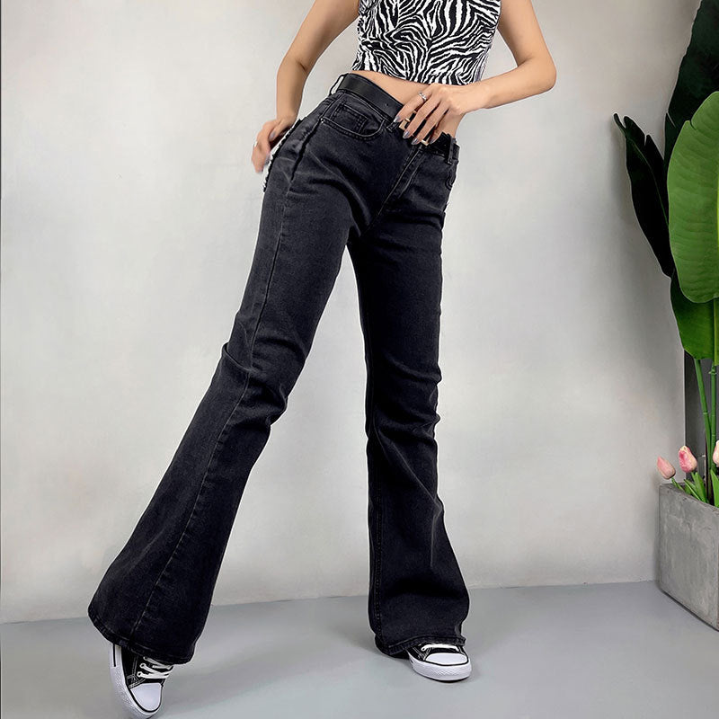 Doux Sexy coupe ajustée hanche levage amour poche cloche bas pantalon rétro taille haute Stretch jean pantalon