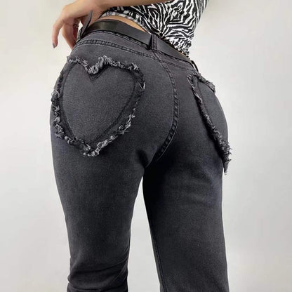 Doux Sexy coupe ajustée hanche levage amour poche cloche bas pantalon rétro taille haute Stretch jean pantalon