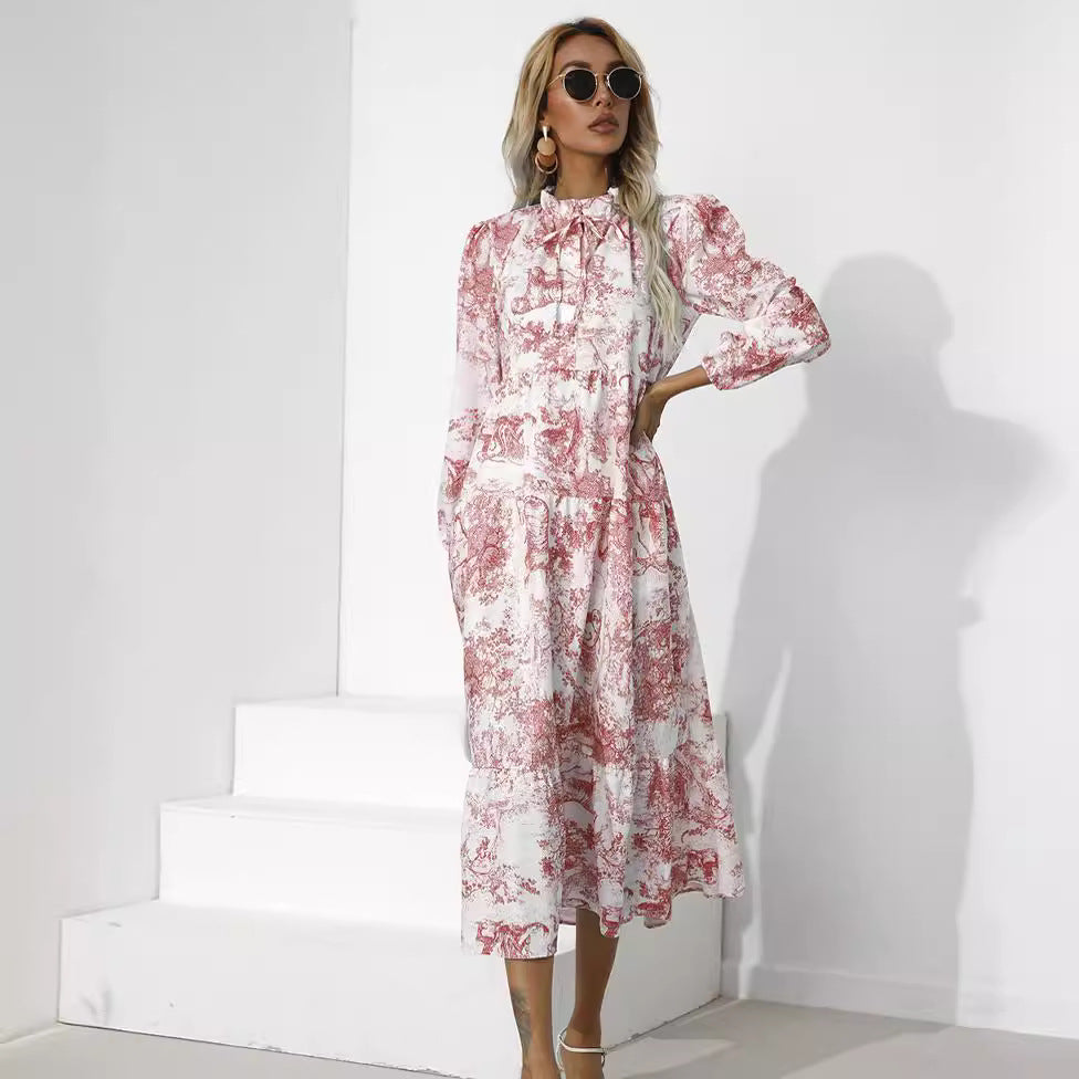 Round Neck Printed Loose Ninth-sleeve Dress