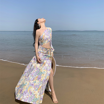 Xishuangbanna Dai Dress Holiday Oblique Shoulder Long Sleeve Sexy Floral Skirt Socialite Irregular Swing Dress