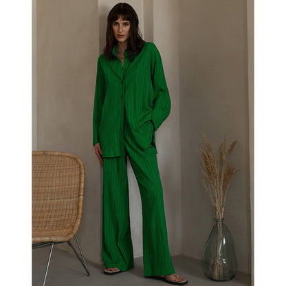 Autumn Winter Popular Casual Pleated Shirt-Style Wide-Leg Pants Suit